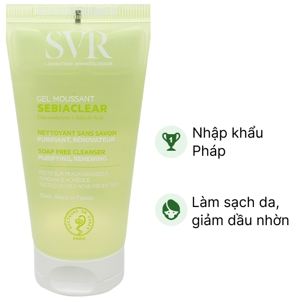 Gel rửa mặt SVR Sebiaclear Gel Moussant làm sạch da, giảm dầu nhờn tuýp 55ml