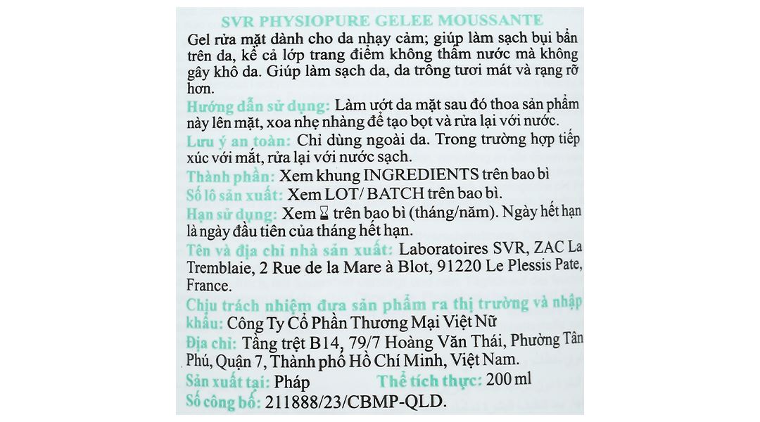Gel rửa mặt SVR Physiopure Gelee Moussante cho da nhạy cảm