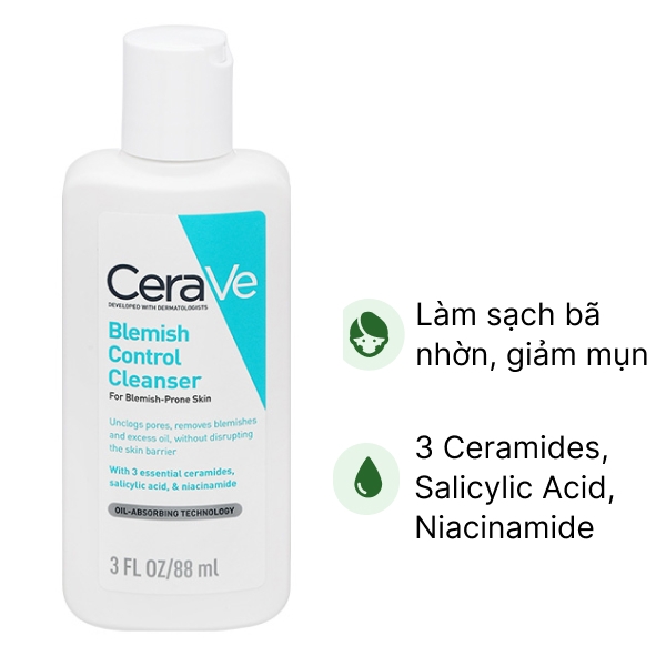 Sữa rửa mặt CeraVe Blemish Control Cleanser giảm mụn, làm sạch bã nhờn chai 88ml