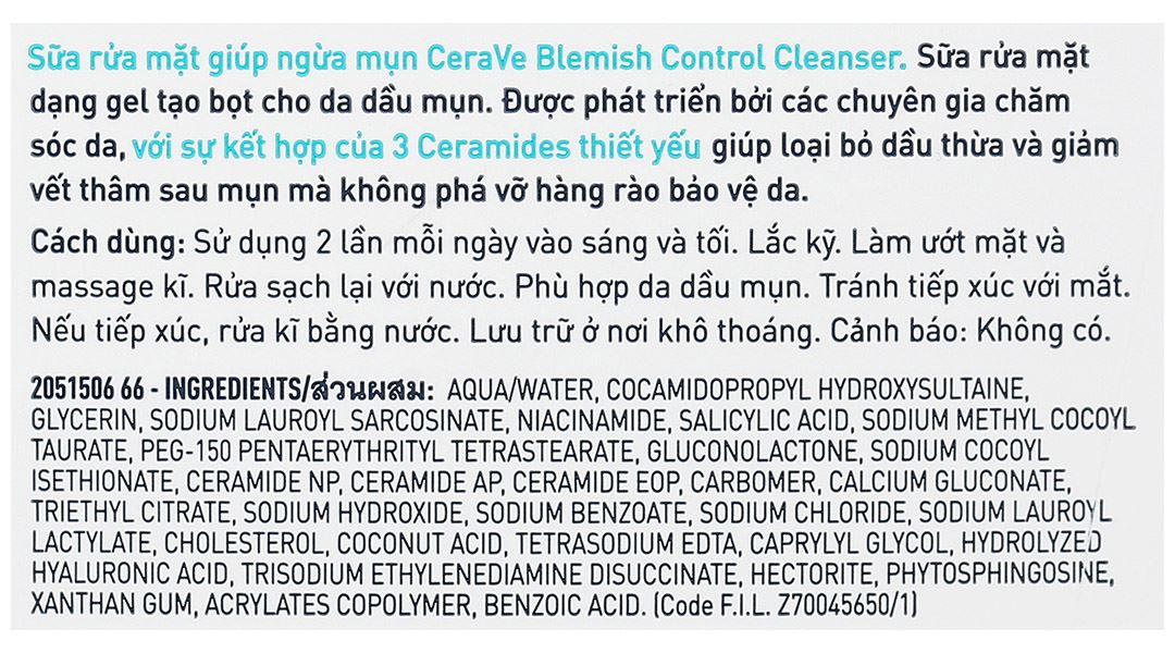 Sữa rửa mặt CeraVe Blemish Control Cleanser ngừa mụn, làm sạch bã nhờn