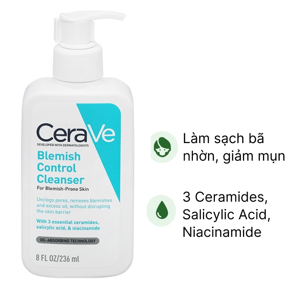Sữa rửa mặt CeraVe Blemish Control Cleanser ngừa mụn, làm sạch bã nhờn chai 236ml