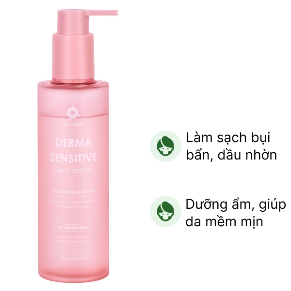 Gel rửa mặt Actidem Derma Sensitive làm sạch nhẹ nhàng cho da khô, nhạy cảm, da mụn chai 200ml
