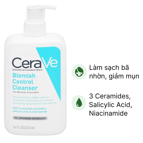 Sữa rửa mặt CeraVe Blemish Control Cleanser ngừa mụn, làm sạch bã nhờn chai 473ml