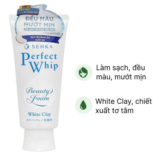 Sữa rửa mặt Senka Perfect Whip White Clay làm sạch, dưỡng ẩm, sáng da tuýp 120g
