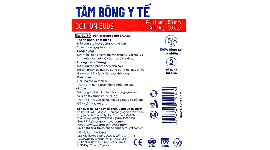 Tăm bông y tế Bông Bạch Tuyết thân nhựa, đầu tròn Fi03