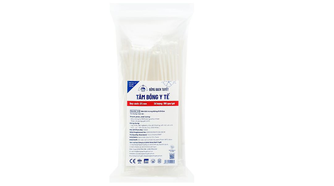 Tăm bông y tế Bông Bạch Tuyết thân nhựa, đầu tròn Fi05