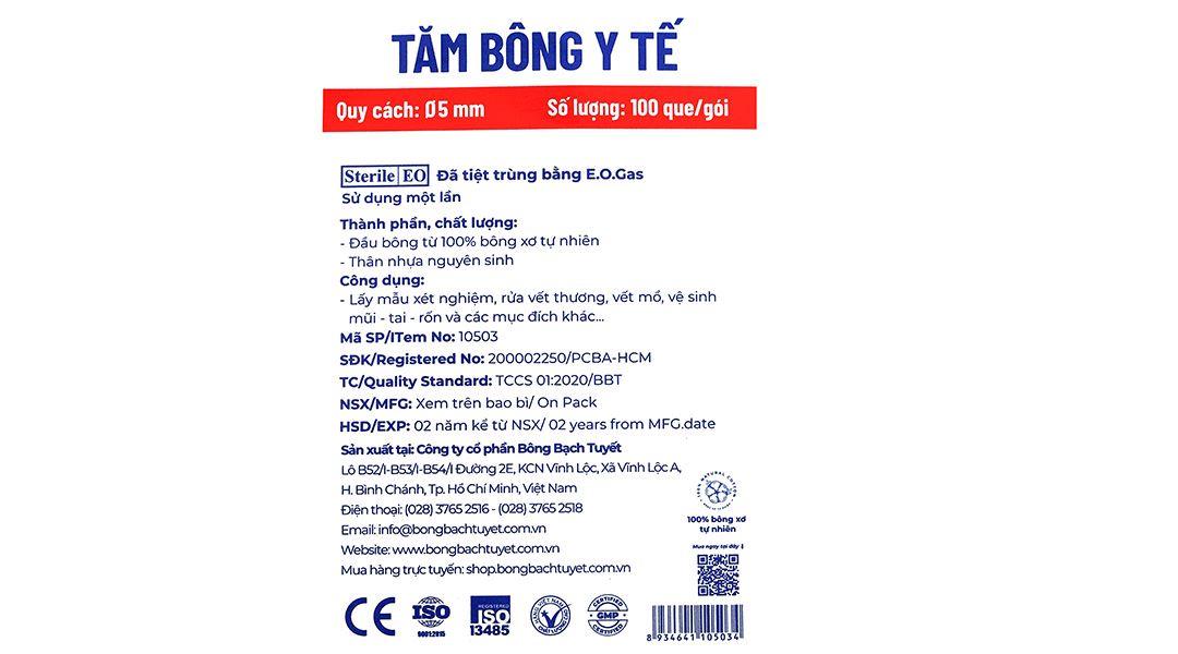 Tăm bông y tế Bông Bạch Tuyết thân nhựa, đầu tròn Fi05
