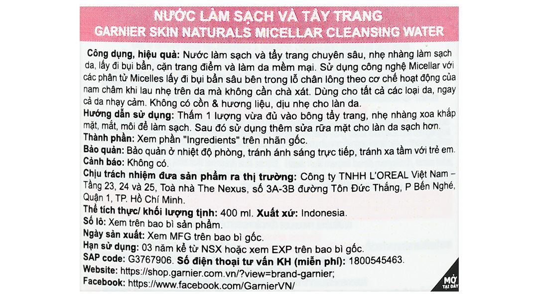 Nước tẩy trang Garnier All in 1 giúp làm sạch sâu cho da nhạy cảm