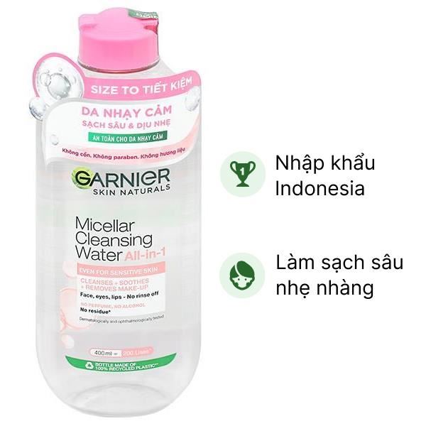 Nước tẩy trang Garnier All in 1 giúp làm sạch sâu, dịu nhẹ cho da nhạy cảm chai 400ml
