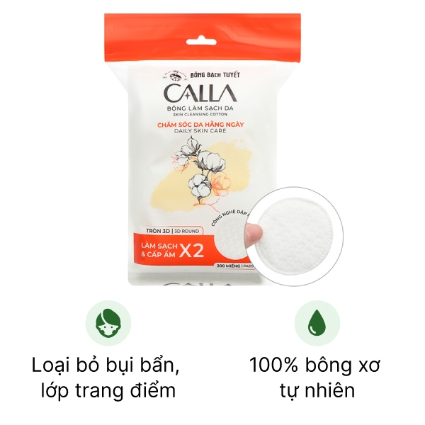 Bông tẩy trang Calla mềm mịn dạng tròn 3D gói 200 miếng