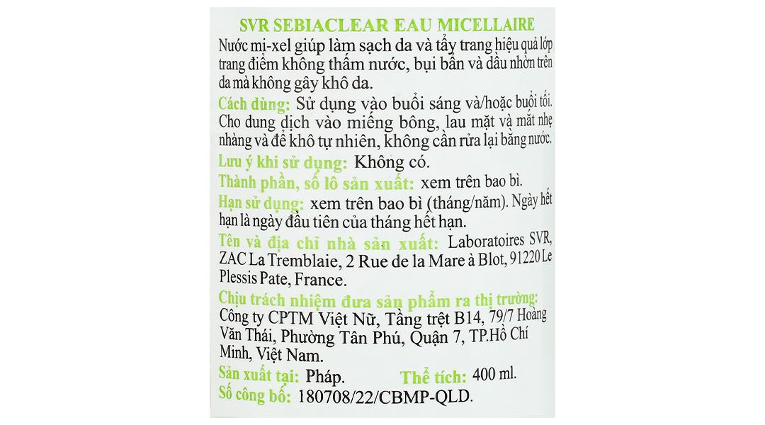 Nước tẩy trang SVR Sebiaclear Eau Micellaire làm sạch da