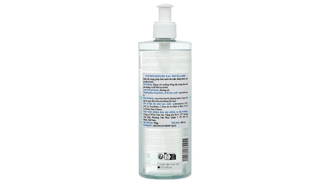 Nước tẩy trang SVR Physiopure Eau Micellaire làm sạch da mặt, mắt, môi