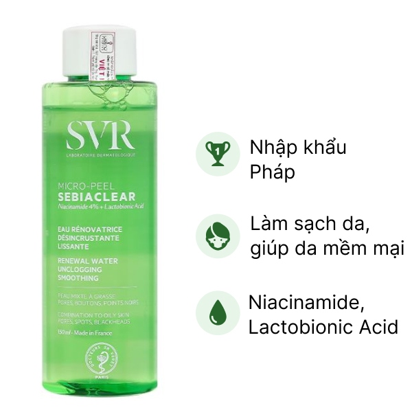 Nước tẩy trang SVR Sebiaclear Micro Peel làm sạch sâu cho da dầu, mụn chai 150ml