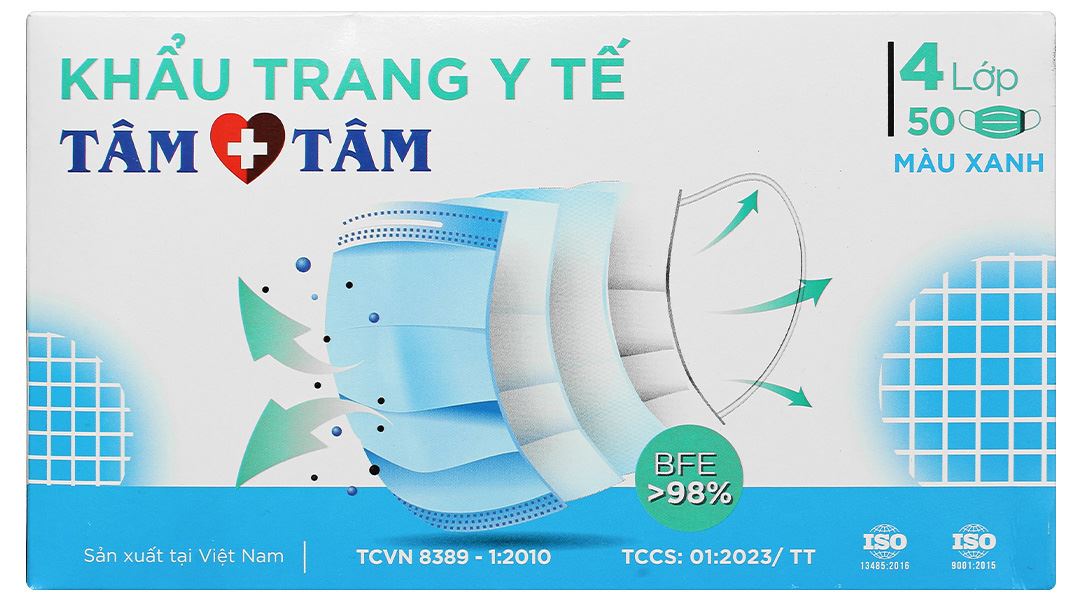 Khẩu trang y tế Tâm Tâm 4 lớp màu xanh