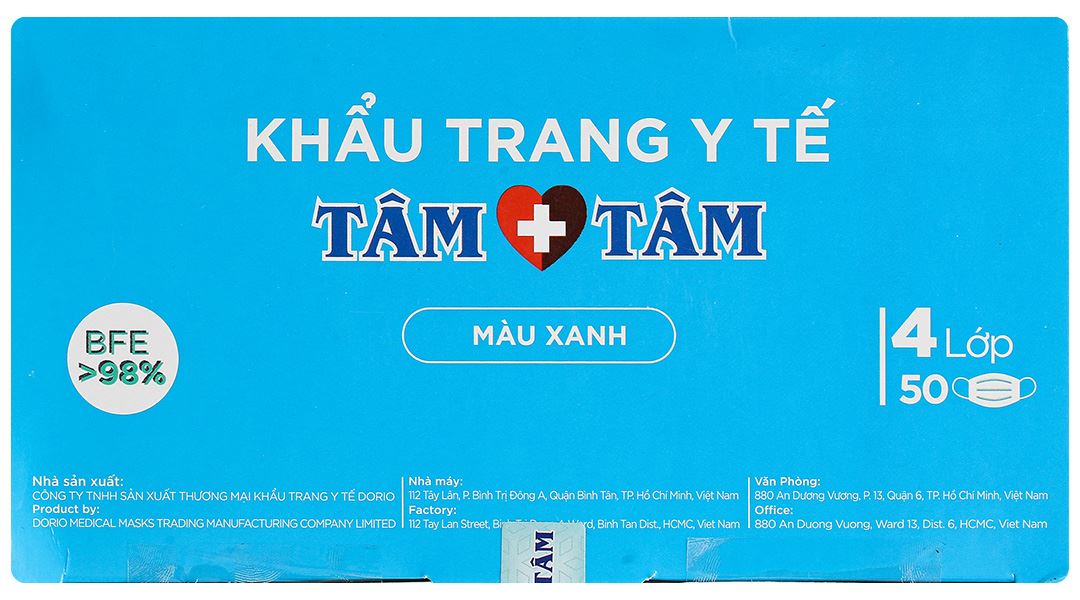Khẩu trang y tế Tâm Tâm 4 lớp màu xanh
