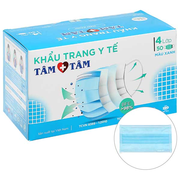 Khẩu trang y tế Tâm Tâm 4 lớp màu xanh hộp 50 cái