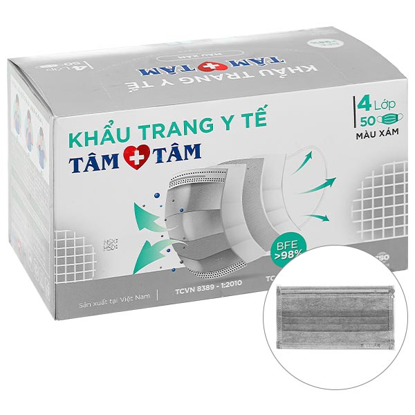 Khẩu trang y tế Tâm Tâm 4 lớp màu xám hộp 50 cái