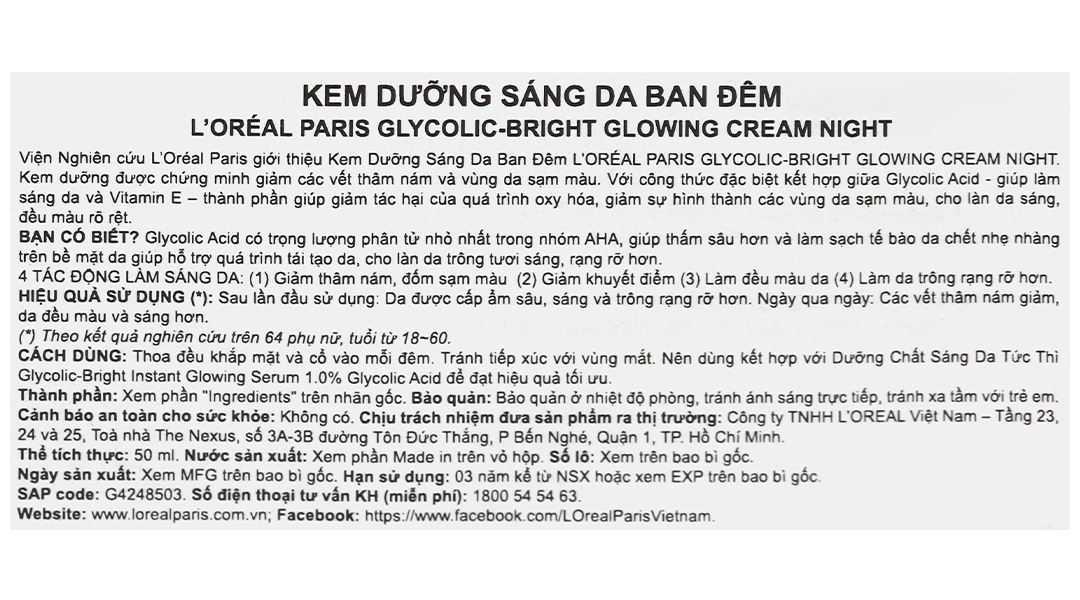 Kem L'Oréal Paris Glycolic - Bright Glowing Cream Night làm sáng da, mờ thâm hũ 50ml - 11