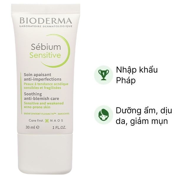 Kem Bioderma Sébium Sensitive làm dịu da, giảm mụn viêm tuýp 30ml