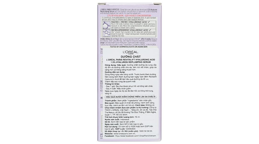 Serum L'Oréal Paris Revitalift Hyaluronic Acid 1.5% cấp ẩm, sáng da