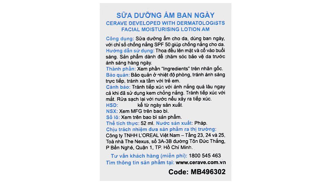 Sữa dưỡng ẩm ban ngày CeraVe Facial Moisturising Lotion AM SPF50