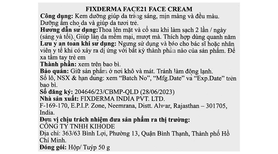 Kem dưỡng ẩm Fixderma Face21 Face Cream giúp da trắng sáng, mịn màng tuýp 50g - 11