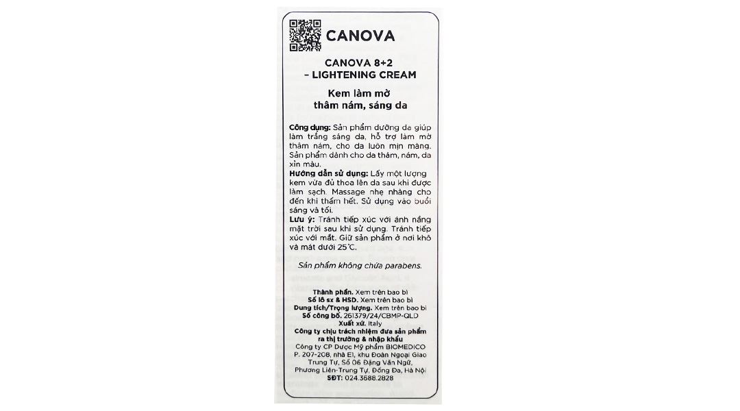 Kem Canova 8+2 Lightening Cream hỗ trợ làm mờ thâm nám, giúp sáng da