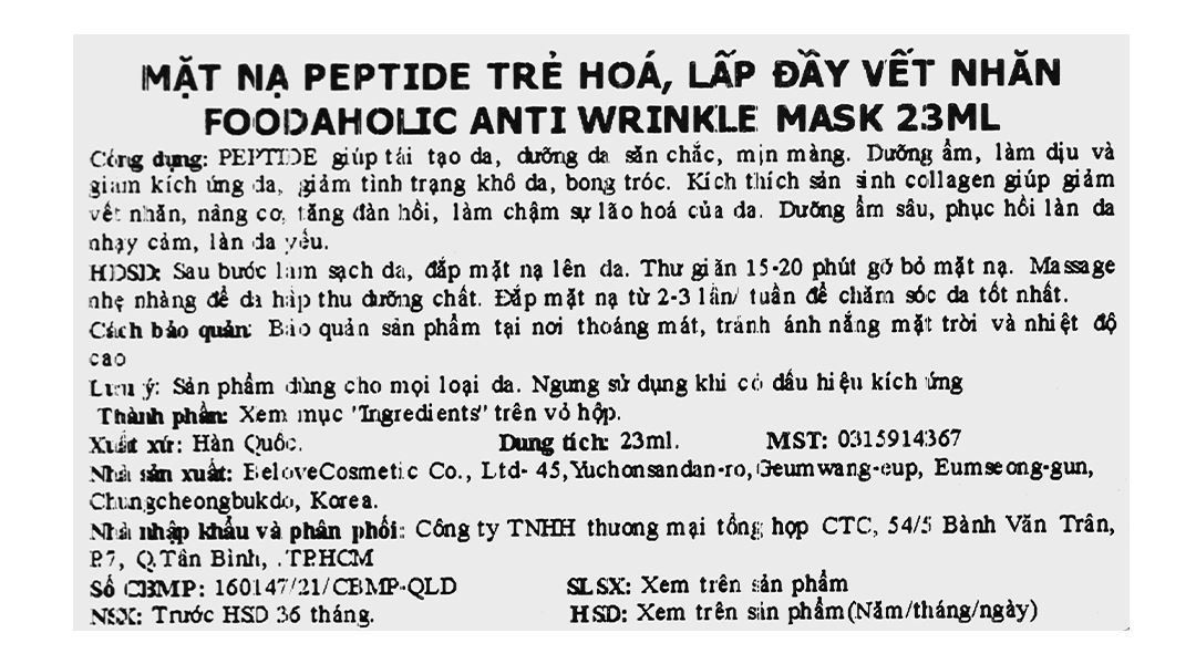 Combo 10 miếng Mặt nạ Foodaholic Peptide Anti Wrinkle lấp đầy nếp nhăn