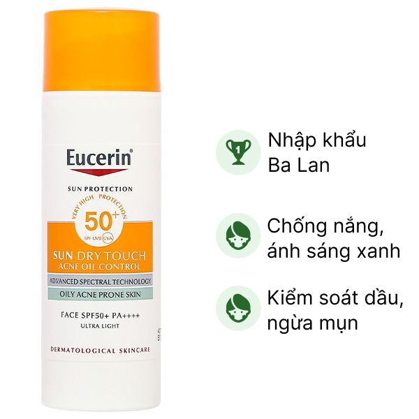 Kem chống nắng Eucerin Sun Dry Touch Acne Oil Control Face SPF 50 /PA     cho da nhờn mụn chai 50ml