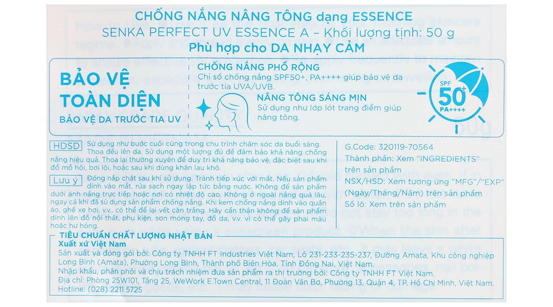 Kem chống nắng Senka Perfect UV Essence SPF 50+/PA++++ giúp nâng tông
