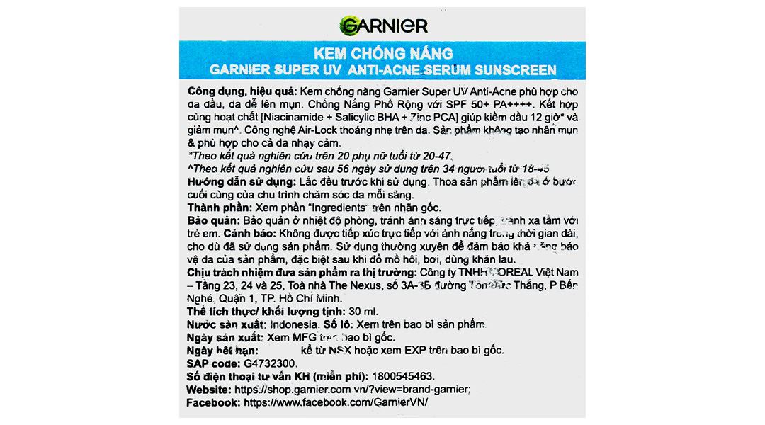 Kem chống nắng Garnier Super UV Anti-Acne SPF50+/PA++++ kiềm dầu, giảm mụn tuýp 30ml - 9