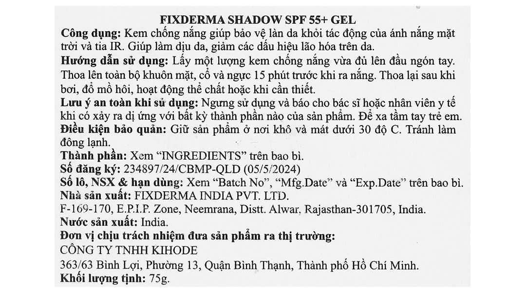 Gel chống nắng Fixderma Shadow SPF 55+/PA++++