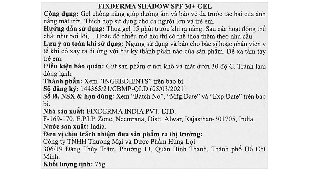 Gel chống nắng Fixderma Shadow SPF 30+/PA+++  giúp dưỡng ẩm