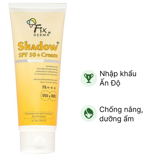 Kem chống nắng Fixderma Shadow SPF 50 /PA     giúp dưỡng ẩm và bảo vệ da tuýp 75g