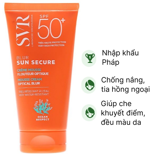 Kem chống nắng SVR Sun Secure Blur SPF50  giúp che khuyết điểm và làm da đều màu tuýp 50ml