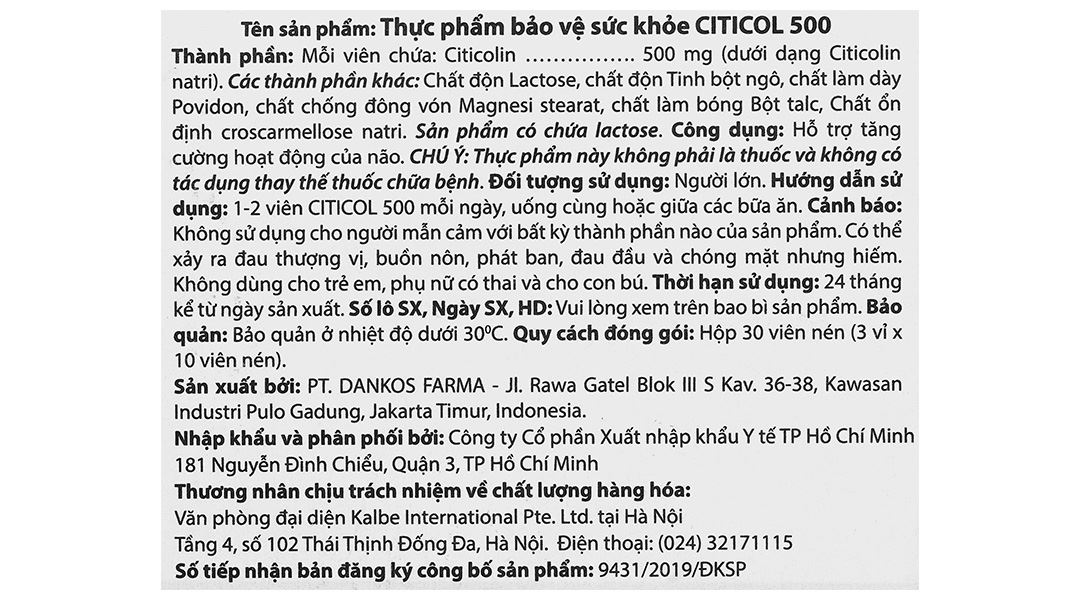 Thực phẩm bảo vệ sức khỏe Citicol 500