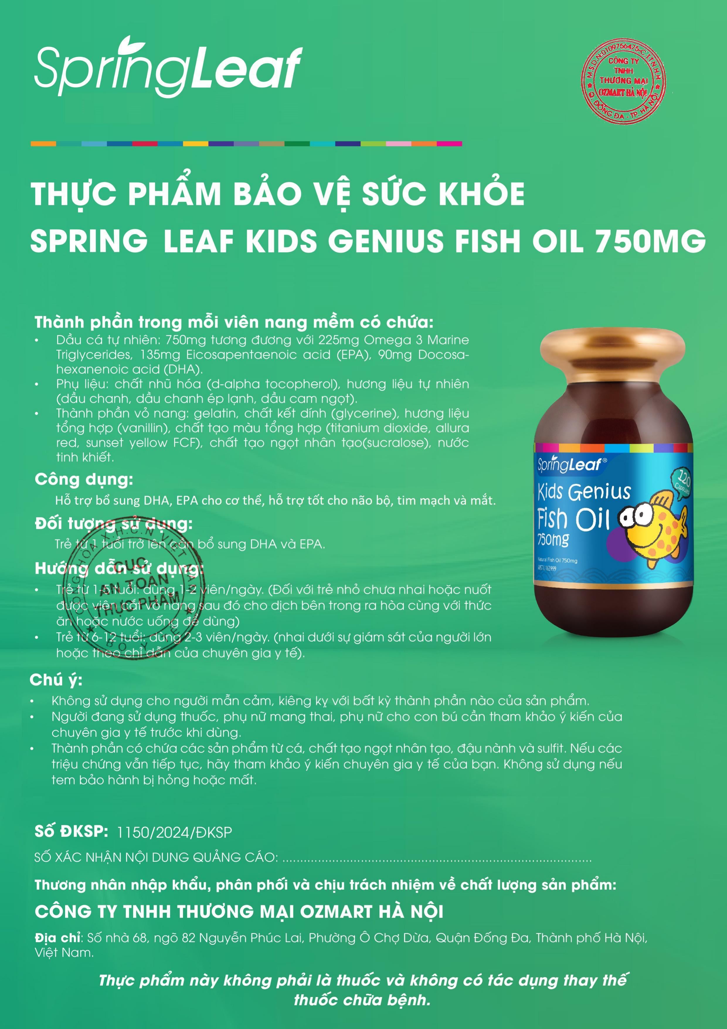 Thực phẩm bảo vệ sức khỏe Springleaf Kids Genius Fish Oil 750mg hộp 120 ...