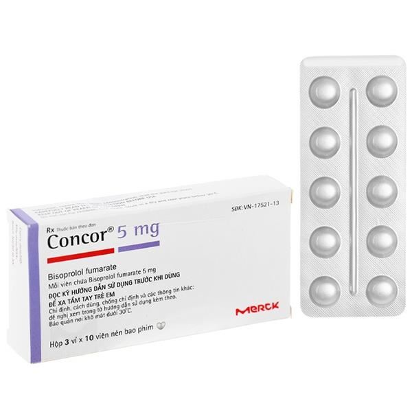 Concor 5mg trị tăng huyết áp, đau thắt ngực, suy tim mãn tính