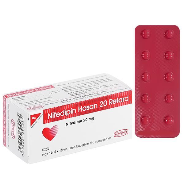 Nifedipin Hasan 20 Retard trị tăng huyết áp, đau thắt ngực