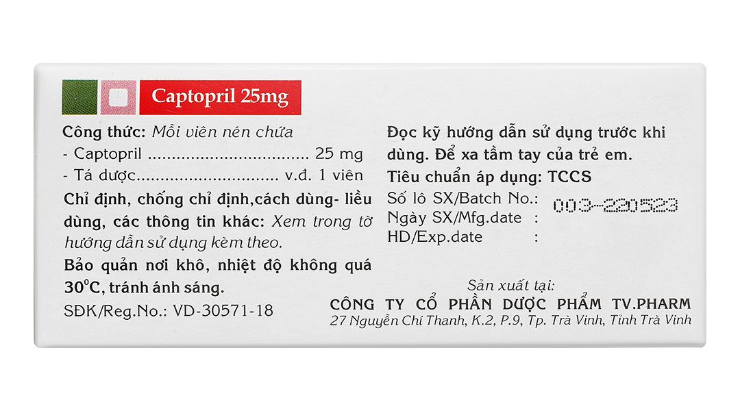 Captopril TV.Pharm 25mg trị tăng huyết áp, suy tim sung huyết