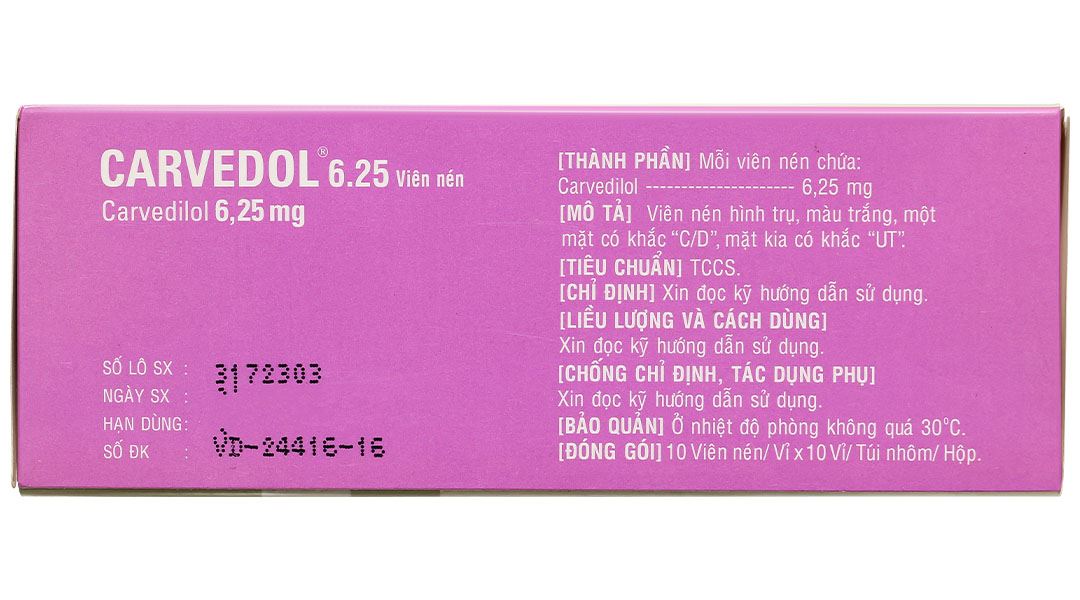 Carvedol 6.25 trị tăng huyết áp, đau thắt ngực