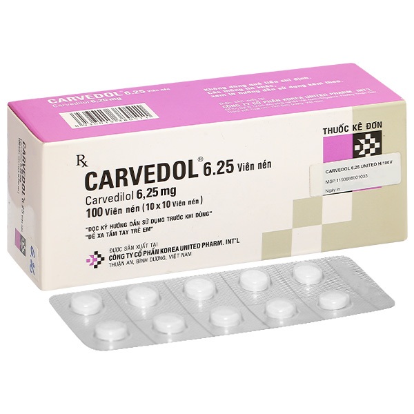 Carvedol 6.25 trị tăng huyết áp, đau thắt ngực