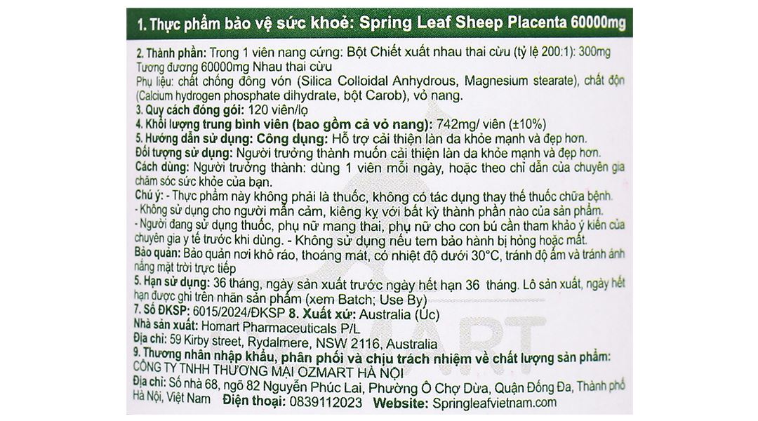 Viên Uống Nhau Thai Cừu Springleaf Sheep Placenta 6000mg Lọ/120V