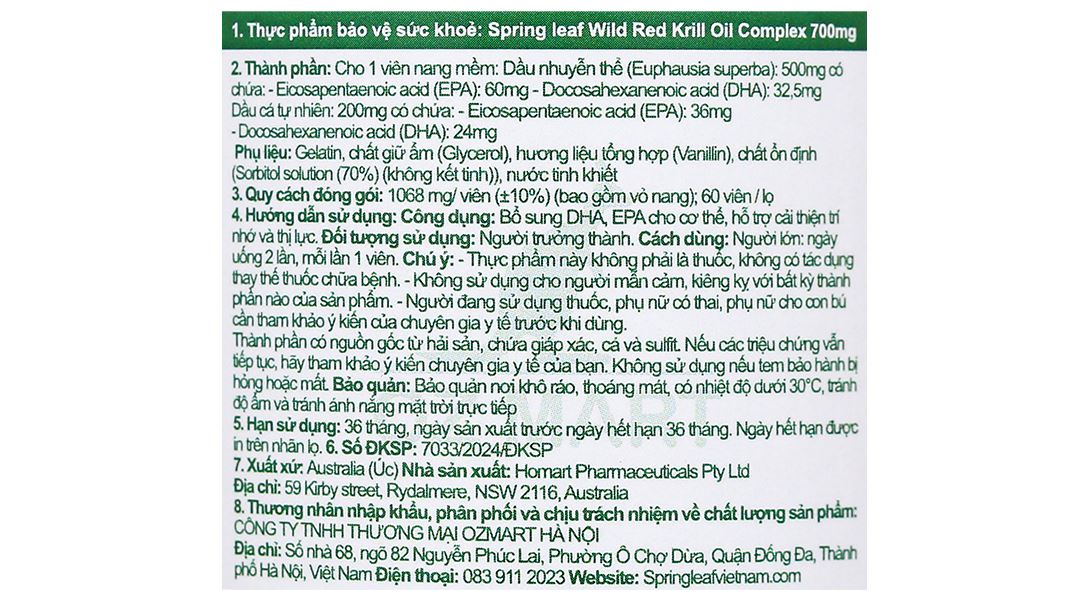 Thực phẩm bảo vệ sức khỏe Springleaf Wild Red Krill Oil Complex 700mg
