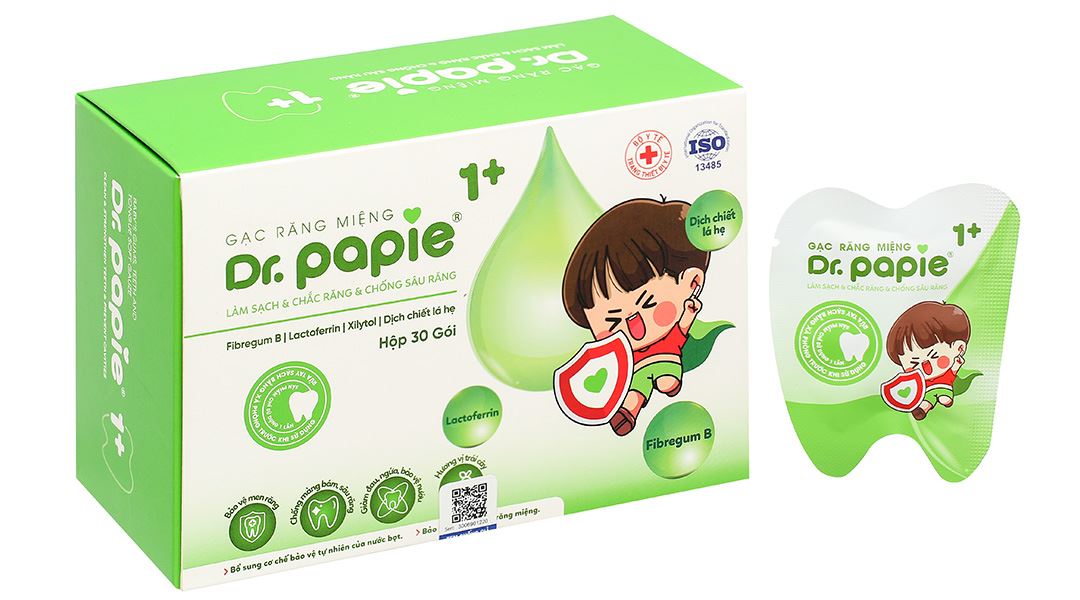 Gạc răng miệng Dr. Papie 1+ làm sạch, chắc răng, chống sâu răng cho bé