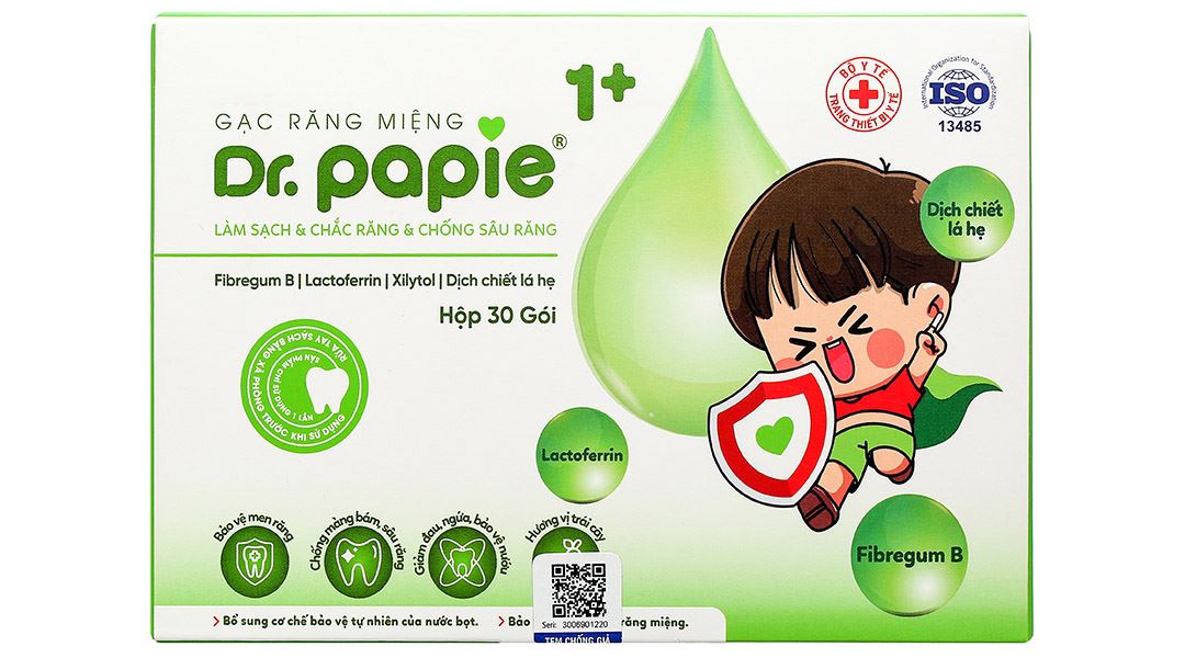 Gạc răng miệng Dr. Papie 1+ làm sạch, chắc răng, chống sâu răng cho bé
