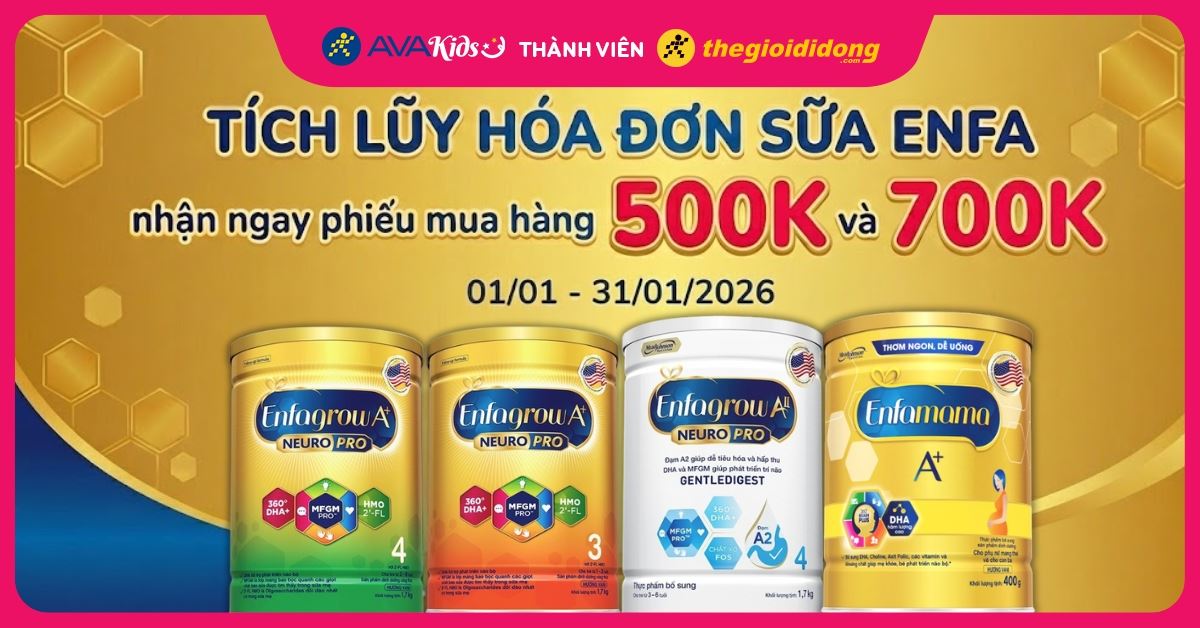 (01/01 - 31/01) TÍCH LŨY HÓA ĐƠN SỮA ENFA nhận ngay phiếu mua hàng 500K và 700K