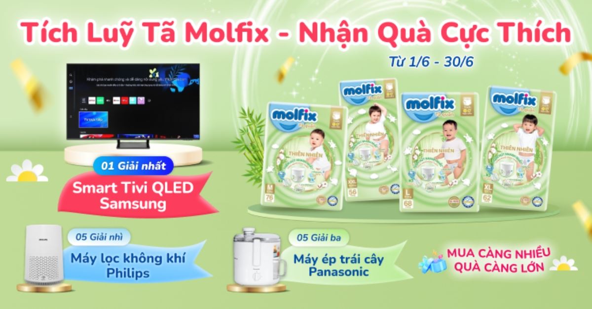 Tích luỹ hoá đơn tã Molfix nhận ngay Tivi QLED Samsung 4K 55 inch, Máy lọc không khí Philips, Máy ép Panasonic