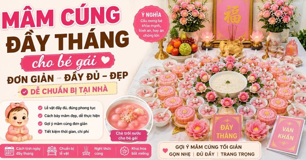 Mâm cúng đầy tháng cho bé gái đơn giản, đầy đủ, đẹp và dễ chuẩn bị tại nhà