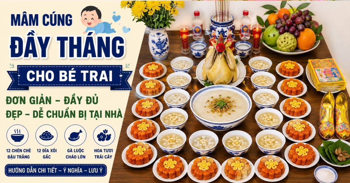 Mâm cúng đầy tháng cho bé trai đơn giản, đầy đủ, đẹp và dễ chuẩn bị tại nhà